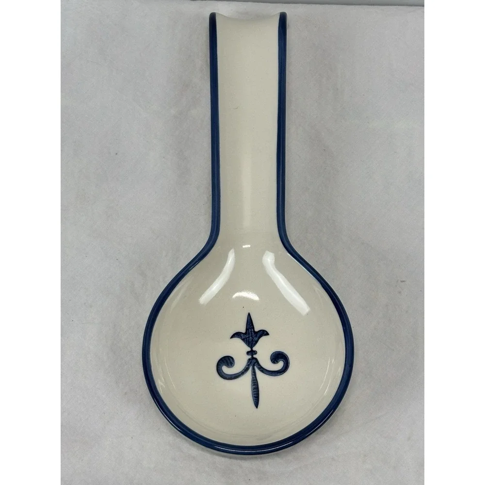 Vtg Sur La Table Flour De Lis Spoon Rest Blue White Large Sainte Germaine